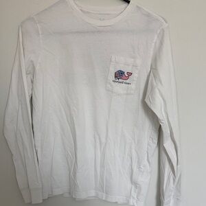 Vineyard Vines White Long-Sleeve Pocket Tee with Pink & Blue Whale
